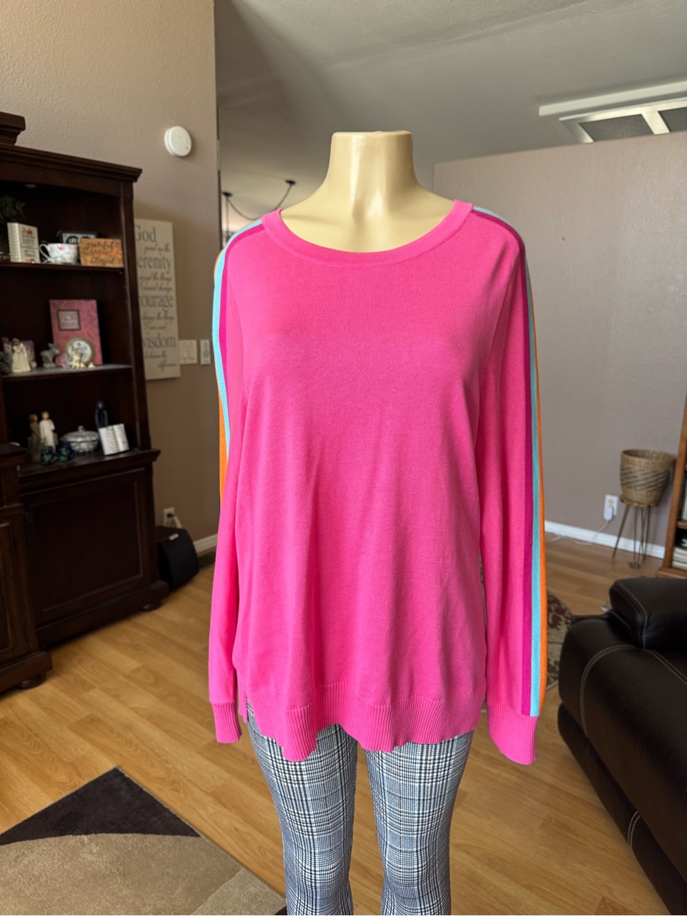 Belle by Kim Gravel Hot Pink Long Sleeve Sweater with Rainbow Sleeve Stripes-L - Picture 5 of 10